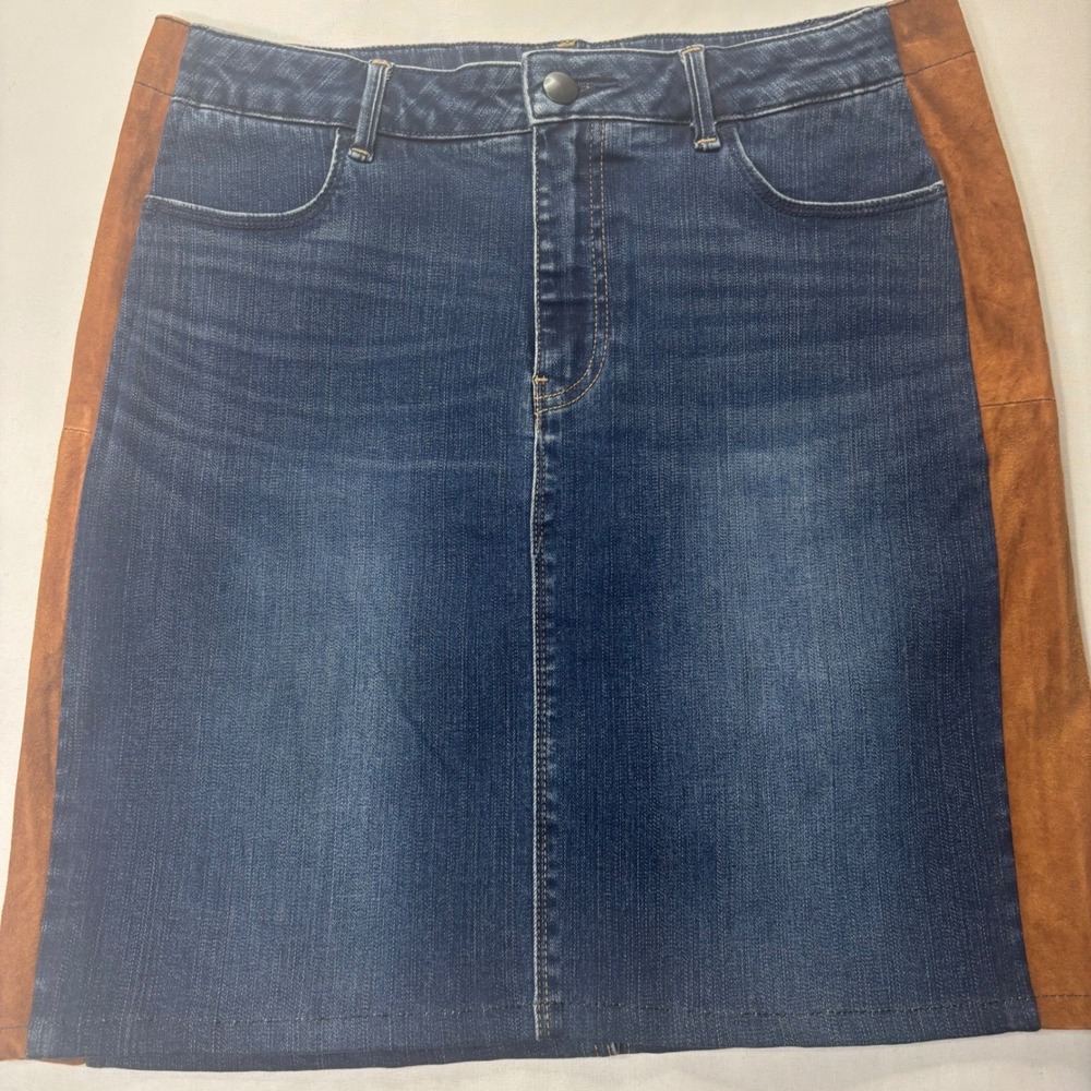 Uniqlo Beyond Retro Denim Skirt Womens L Blue Brown Suede Panels Upcycled Mini
